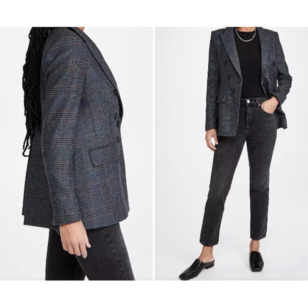Veronica Beard Yareli Blazer Jacket Wool Glen Plaid Gray Blue Double Breasted 0 - Picture 2 of 9